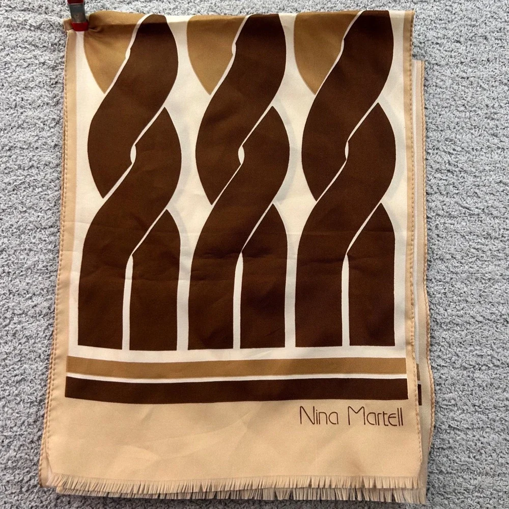 Nina Martell Scarf Geometric Mod Brown Tan OS Vintage 60s 70s Retro Chic